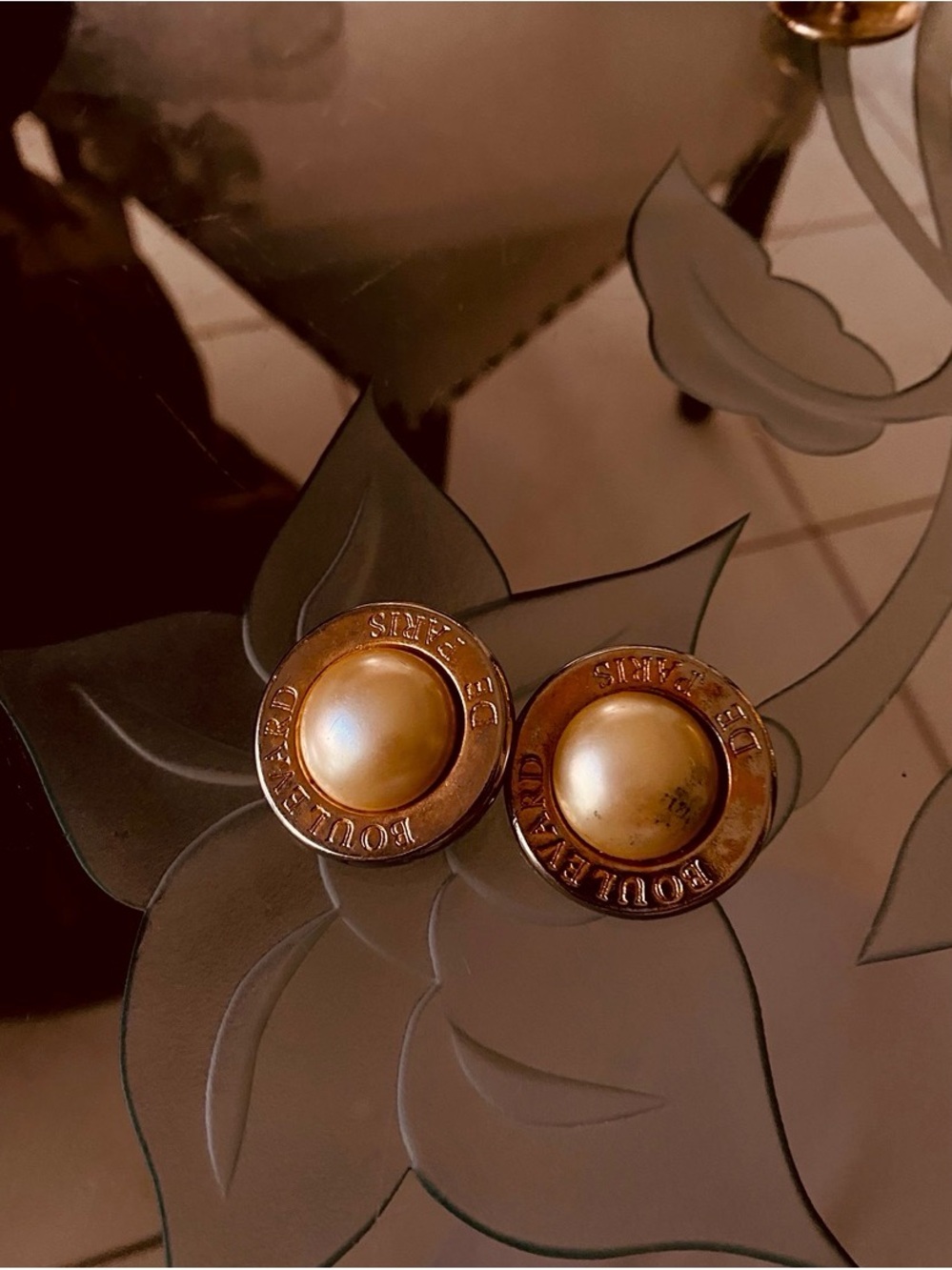 Round Gold Tone Pearl Button Earrings - Branded Script